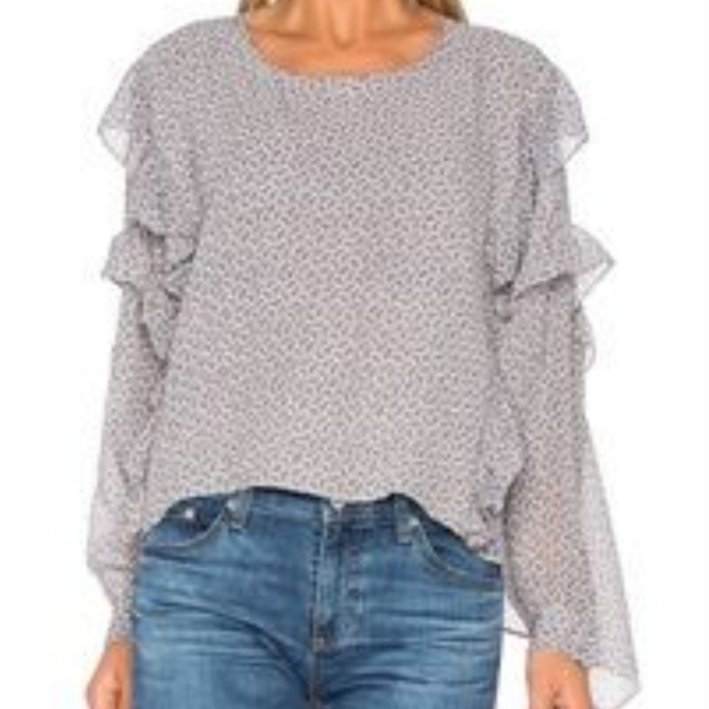 New AG Bijou Ruffle Blouse In Blue & Cream, Size S